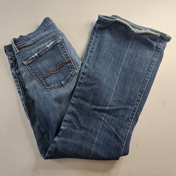 7 For All Mankind Jeans Women's 28 Blue Flare Medium Wash Slight Distress - Picture 13 of 16